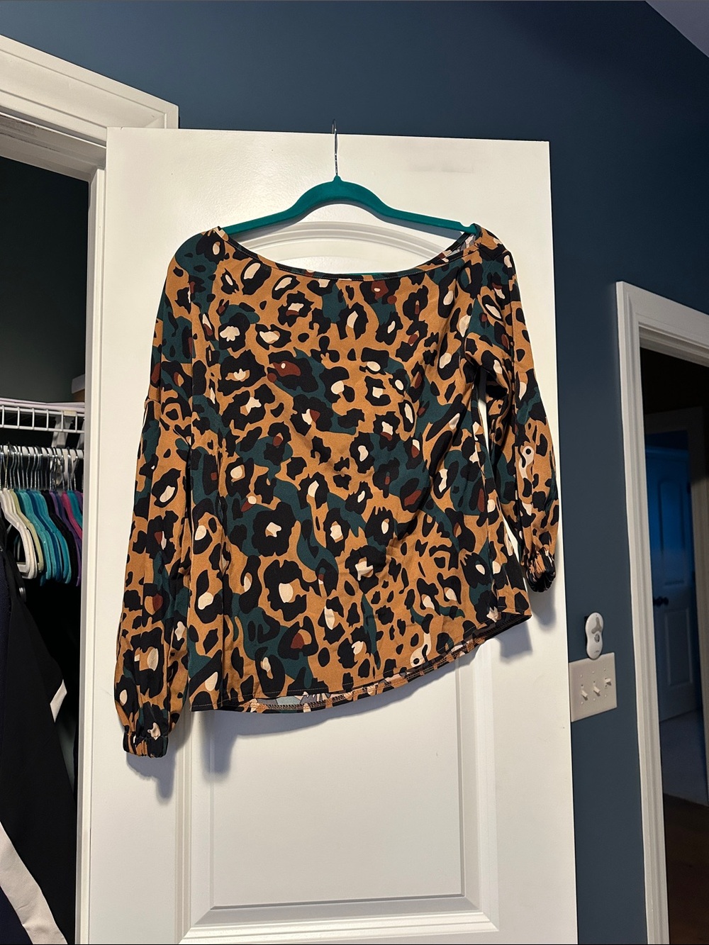 SHEIN Leopard-Print Boatneck Blouse in Tan and Green